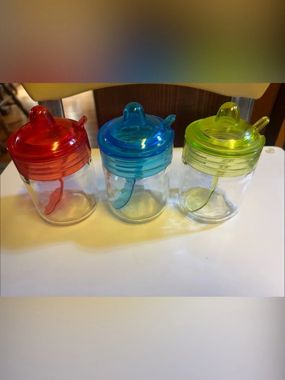 3 Clear Glass Spice/Condiment Jars with Bright Red, Blue, and Green Lids